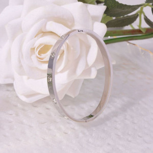 Браслет жесткий серебристого цвета с гравировкой и камнями CJL17745