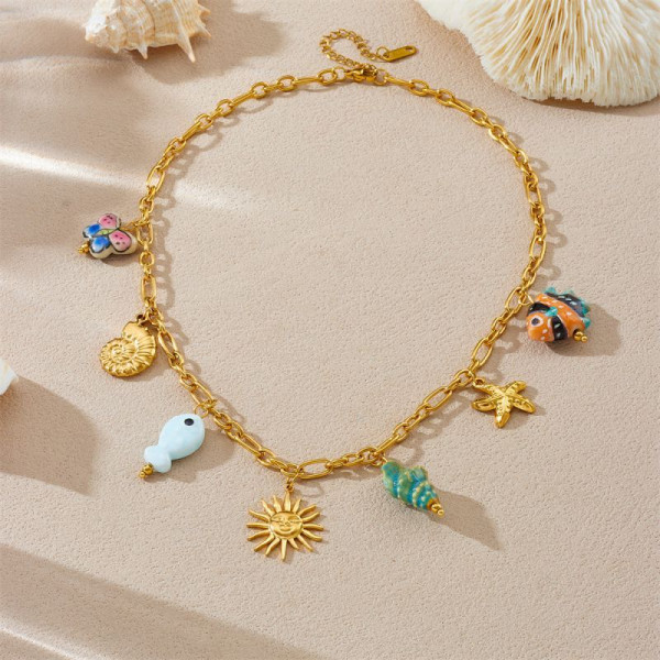 Золотистая многослойная цепь с морскими и небесными символами CJP55865