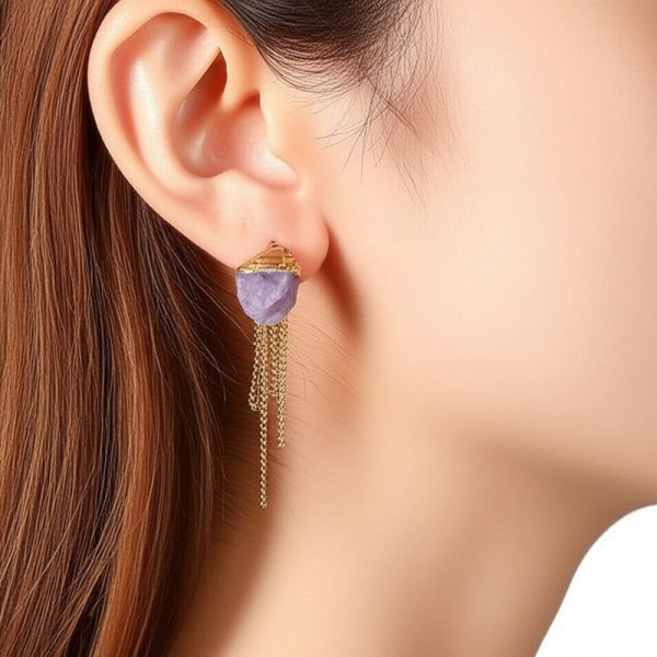 Серьги-пусеты с натуральным камнем и кистями 1J11946CJJ