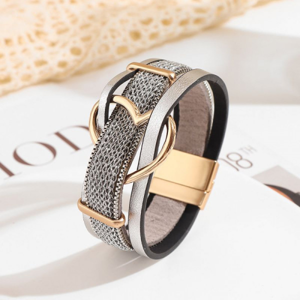 Браслет жесткий из кожаных шнуров и цепей CJP85374