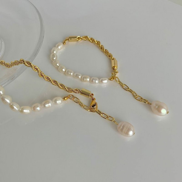 Браслет из жемчуга с золотистой цепью CJQ27057