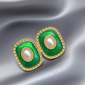 Винтажные серьги-пусеты Зеленая эмаль и жемчуг в золоте 1J10579CJJ