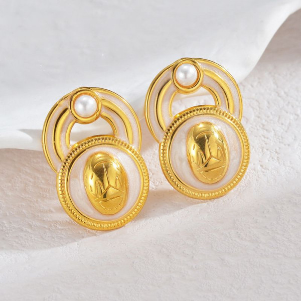 Серьги-пусеты Круглые многослойные с эмалью и жемчугом CJL35138