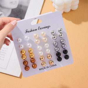 Набор базовых серег пусет с жемчугом и металлическими шариками в золотистом цвете CJD62984