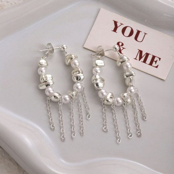 Серьги-кольца с жемчужными гроздьями и цепями CJL20087